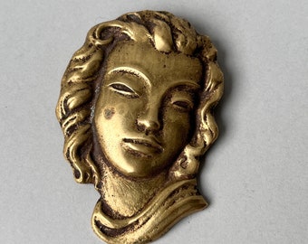 Vintage Brass Lady’s Goddess 3D Head Portrait Statement Pin Brooch