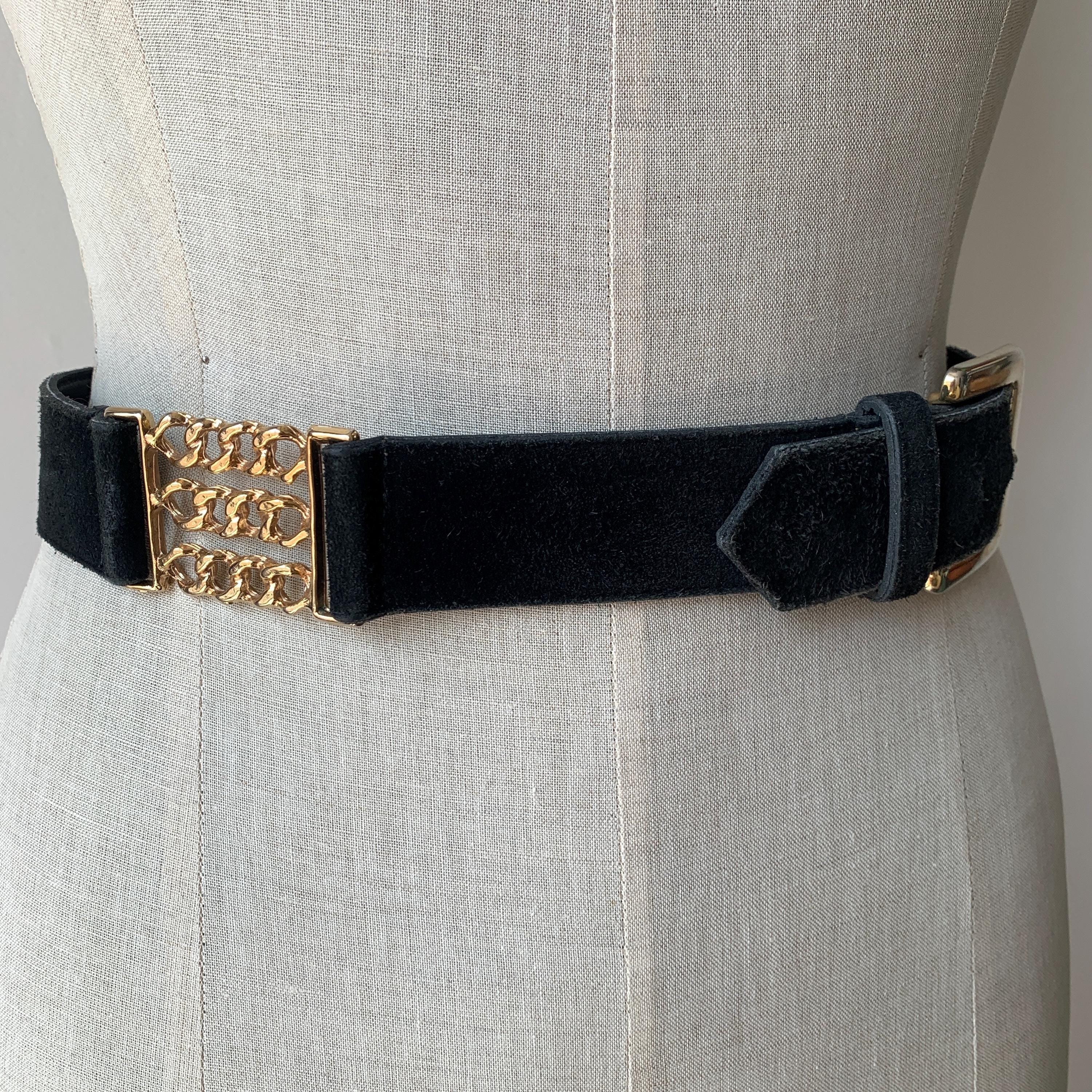 A Brod Vintage 80s Large Black Leather Suede Statement Belt Gold Cluster Buckle 1980s Oversized Black Suede Belt-M/L — La Poubelle Vintage main image 3