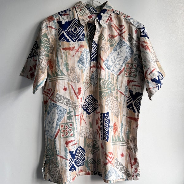 Vintage Go Barefoot Hawaiian 100% Cotton Henley Mens Shirt Abstract All Over Print Short Sleeves Breast Pocket Made in USA Tag L