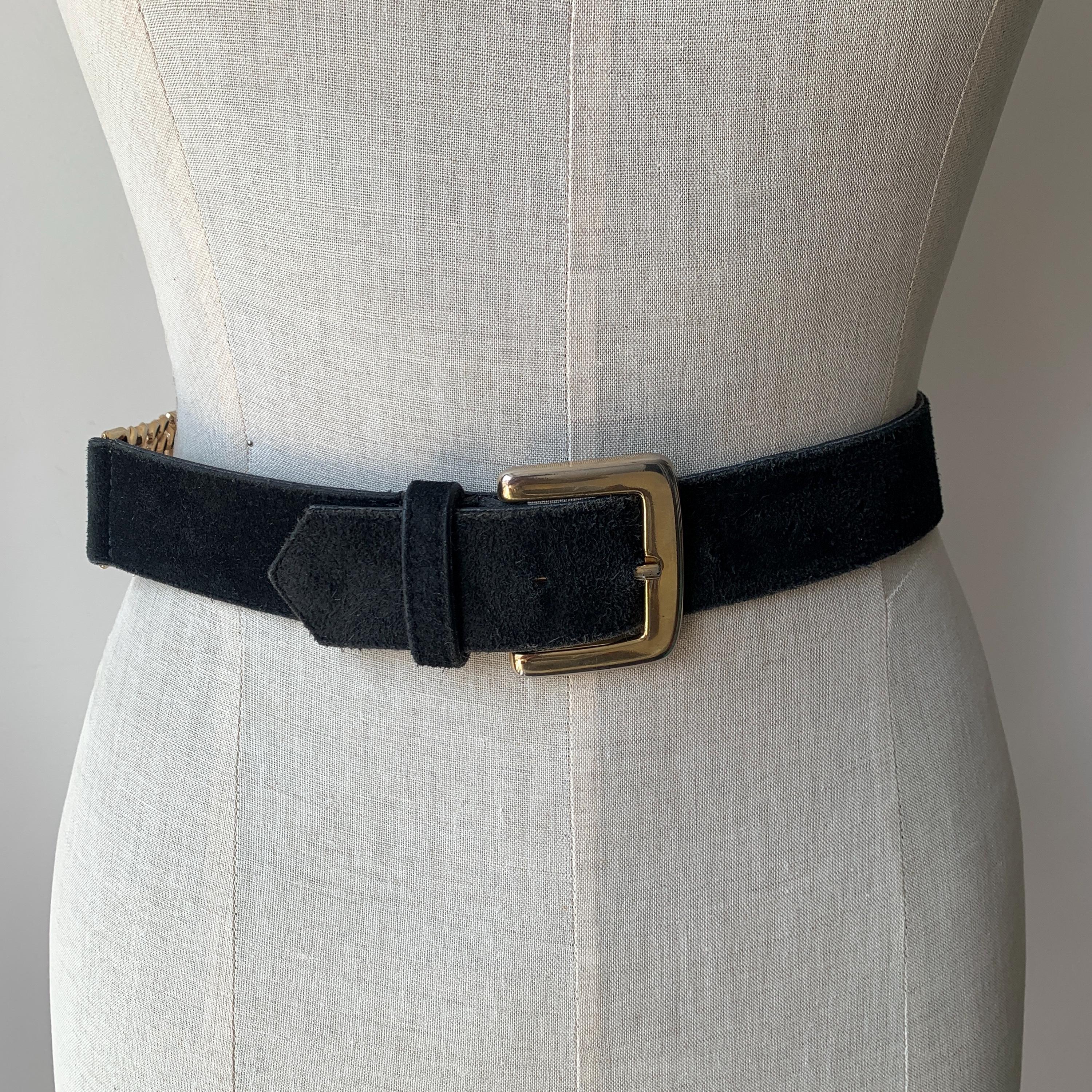Vintage 80s Womens Black Suede Leather Belt Gold Metal 