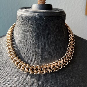 Vintage Pale Gold Chunky Chain Articulated Collar Necklace, Geometric Interlocking Chain Choker Bib Statement Necklace, Custom Womens Jewelr