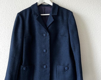 Vintage Navy Blue Wool Textured Boxy Bolero Blazer Tailor Made, Short Cropped Jacket  Lined  Covered button Pockets Size M