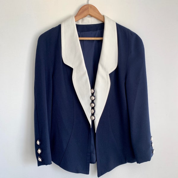 Vintage Navy Blue and White Collar Fitted Single Breast Blazer Embellished with 5 Faux Pearl Buttons No Pockets Summer Transition Jacket