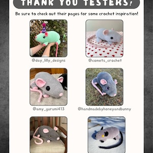 May include: A promotional image featuring six crocheted mouse toys in various colors and styles. The text "THANK YOU TESTERS!" is at the top, with social media handles below each mouse. The image encourages viewers to check out the creators' pages for crochet inspiration.
