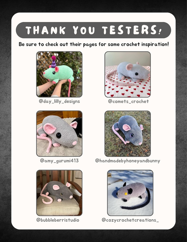 May include: A promotional image featuring six crocheted mouse toys in various colors and styles. The text "THANK YOU TESTERS!" is at the top, with social media handles below each mouse. The image encourages viewers to check out the creators' pages for crochet inspiration.