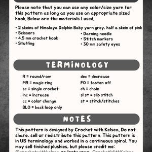 May include: A crochet pattern guide with the title "MATERIALS" lists supplies needed: yarn, scissors, a 4.5 mm crochet hook, stuffing, a darning needle, stitch markers, and 30 mm safety eyes. The guide also includes crochet terminology and notes.