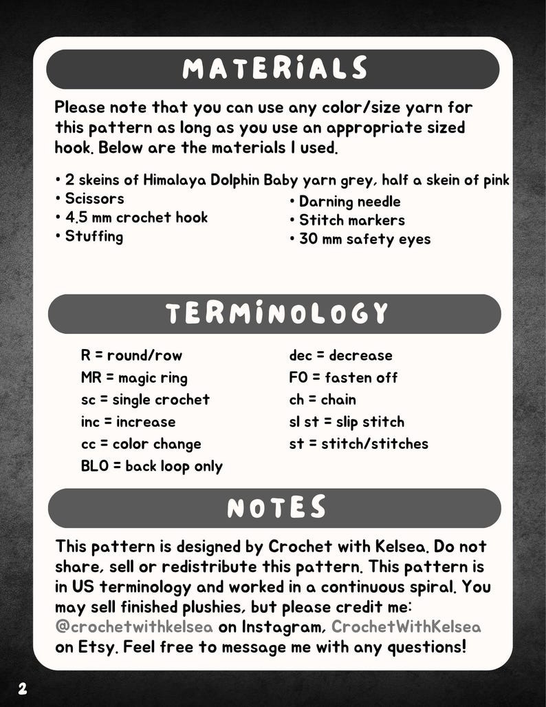 May include: A crochet pattern guide with the title "MATERIALS" lists supplies needed: yarn, scissors, a 4.5 mm crochet hook, stuffing, a darning needle, stitch markers, and 30 mm safety eyes. The guide also includes crochet terminology and notes.