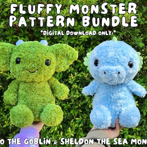 Fluffy Monster Crochet Pattern Bundle, Gizmo the Goblin & Sheldon the Sea Monster Crochet Patterns, PDF Digital Download,  Fluffy Yarn Tips