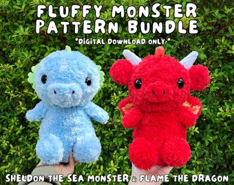 Bundle de motifs au crochet monstre duveteux, Sheldon le monstre des mers et flammes le dragon au crochet, téléchargement numérique PDF, bouts de laine duveteux