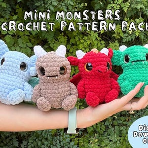 May include: A hand holds four crocheted mini monster toys in blue, brown, red, and green. The toys have large eyes and small horns. The text "MINI MONSTERS CROCHET PATTERN PACK" is at the top. The text "DIGITAL DOWNLOAD ONLY!" is at the bottom.