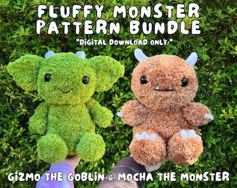 Fluffy Monster Crochet Pattern Bundle, Gizmo the Goblin & Mocha the Monster Crochet Patterns, PDF Digital Download,  Fluffy Yarn Pattern