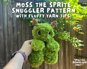 Moss the Sprite Snuggler Crochet Pattern with Fluffy Yarn Tips, Moss Sprite Pattern, Moss Crochet Snuggler PDF Download