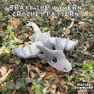 May include: A crocheted wyvern toy in shades of gray, with large, glittery eyes and detailed wings. The text "Braxy the Wyvern Crochet Pattern" is displayed at the top. The words "Digital Download Only" are at the bottom.