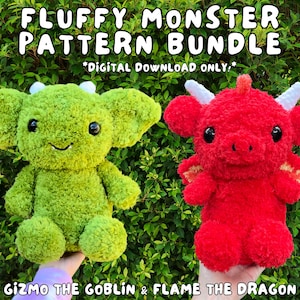 Fluffy Monster Crochet Pattern Bundle, Gizmo the Goblin & Flame the Dragon Crochet Patterns, PDF Digital Download, Fluffy Yarn Pattern