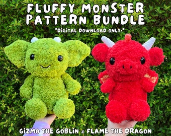 Paquete de patrones de ganchillo de monstruo esponjoso, Gizmo the Goblin & Flame the Dragon Crochet Patterns, Descarga digital PDF, Patrón de hilo esponjoso