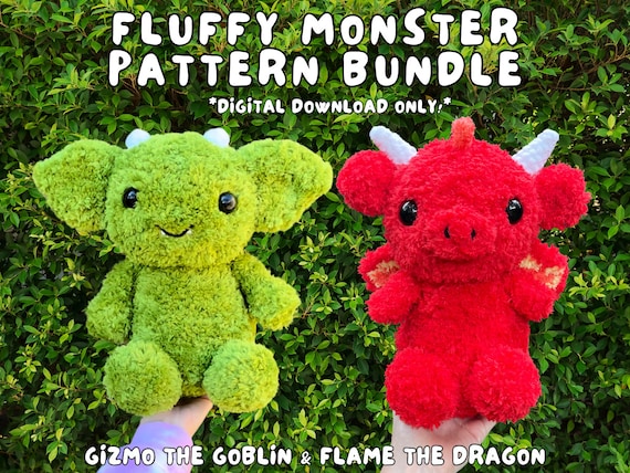 Fluffy Monster Crochet Pattern Bundle, Gizmo the Goblin & Flame