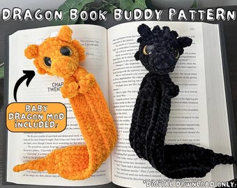 Dragon Book Buddy + Baby Dragon Mod, Dragon Crochet Bookmark, No Sew Crochet Pattern, Quick Crochet Patterns, Crochet Dragon Bookmark