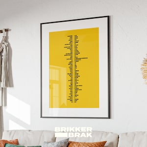 May include: A framed print with a yellow background and black text. The text is a list of song titles and artists. The print is framed in a black frame.