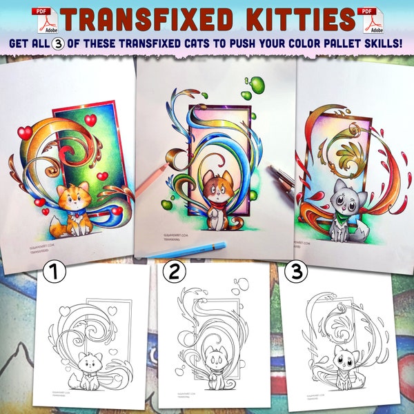 Transfixed Kitties Coloring Pages - Instant PDF Download