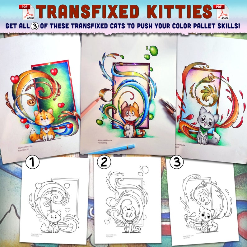 May include: Three colouring pages featuring cats with intricate designs. Each page has a different cat with a unique background. The cats are surrounded by swirls and hearts. The pages are labelled 1, 2, and 3.