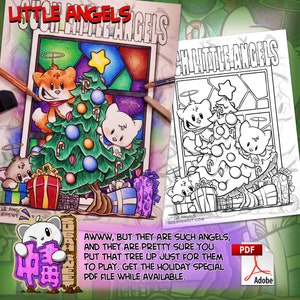 Cats Playing in Christmas Tree Coloring Page - Little Angels - Instant PDF Download