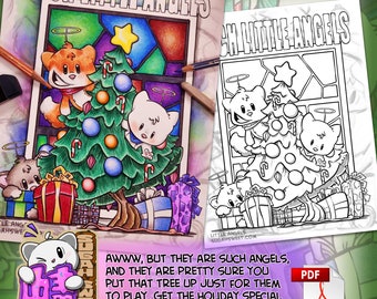 Cats Playing in Christmas Tree Coloring Page - Little Angels - Instant PDF Download