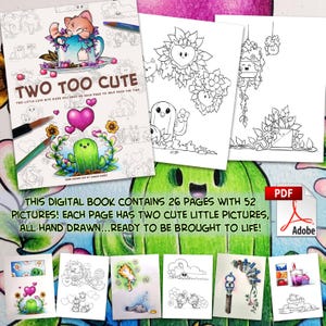 Może przedstawiać: Cyfrowa książka do kolorowania zatytułowana "Two Too Cute", zawierająca dwie urocze ilustracje na każdej stronie. Książka zawiera 26 stron z 52 obrazkami, wszystkie narysowane ręcznie.