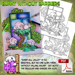 Counting Sheep - Cute Sheep on a Hill Coloring Page for Adult and Children - Instant PDF Download