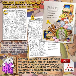 Può includere: Una pagina da colorare con il testo "COLOR BUDDY TEAM-UP" e "FAST FOOD, SLOW COLORING". La pagina presenta illustrazioni di fast food e simpatici personaggi. Include un'icona PDF e il logo Adobe.