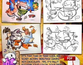 Witch Cats?  These Cats! - 4 Fun and Festive Holiday Kitties Ready to be Colored - Instant Digital Download
