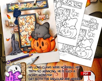 Cute Cat on Pumpkin Fall Coloring Page - Instant PDF Download