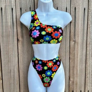 Groovy Psychedelic Flower Power Rave Set  / Abstract Rave One Shoulder Bikini Set / Festival Set / Custom Rave Outfit  / Psychedelic Outfit
