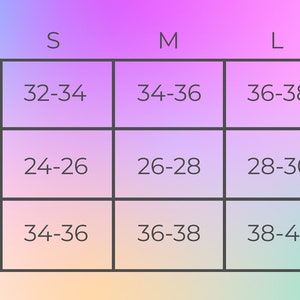 May include: A size chart for clothing with measurements in inches for bust, waist, and hips. The chart includes sizes XS, S, M, L, XL, and XXL.