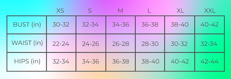 May include: A size chart for clothing with measurements in inches for bust, waist, and hips. The chart includes sizes XS, S, M, L, XL, and XXL.