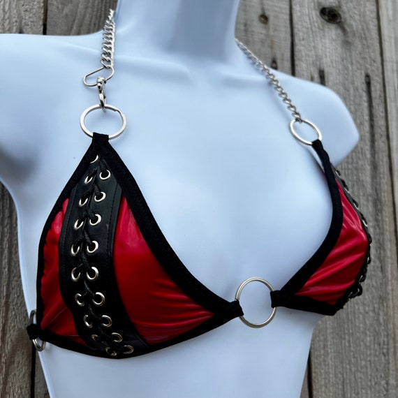 Red and Black Vinyl Lace up Chain Rave Top, Latex Rave Bra With