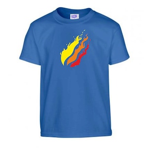 May include: A royal blue t-shirt featuring a yellow, orange and red flame graphic. The graphic is a stylised flame design.