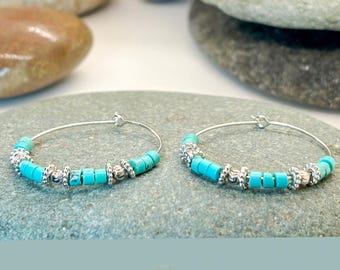 Natural Turquoise Hoop Earrings 925 Sterling Silver Rhodium Plated December Birthstone Gift for Her