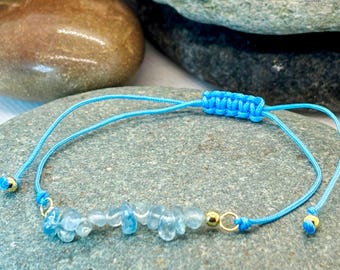 Pulsera de aguamarina natural de plata de ley 925, chapada en oro de 14 quilates, ajustable, piedra natal de marzo.