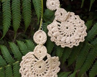 Pair Vintage Soft Beige Crochet Earrings, 100% Cotton,Lightweight, Comfortable,  Boho Style, Handmade, Elegant