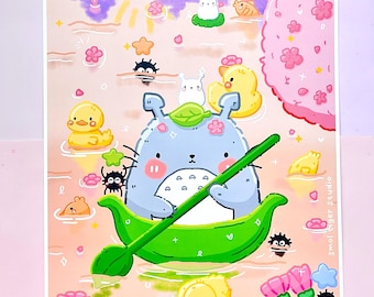 Totoro Art Print: Kawaii Ghibli Soots, Leaf Boat (11x17in)