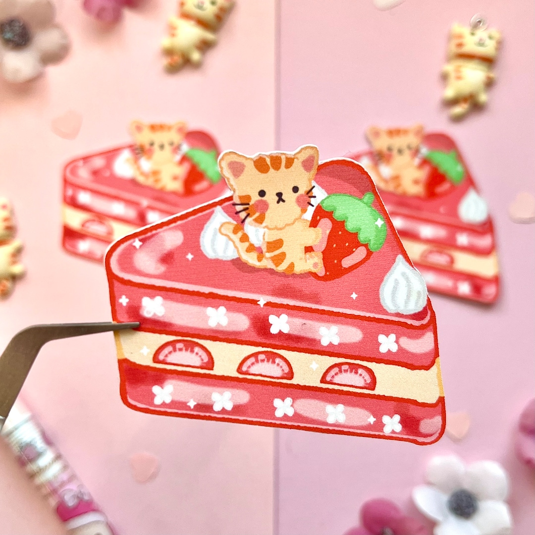 Strawberry Cake Tabby Cat Sticker Kawaii Dessert Sticker Etsy