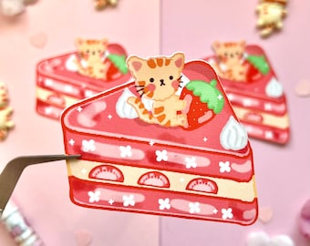 Adesivo con gatto soriano e torta alle fragole: adesivo con dessert kawaii