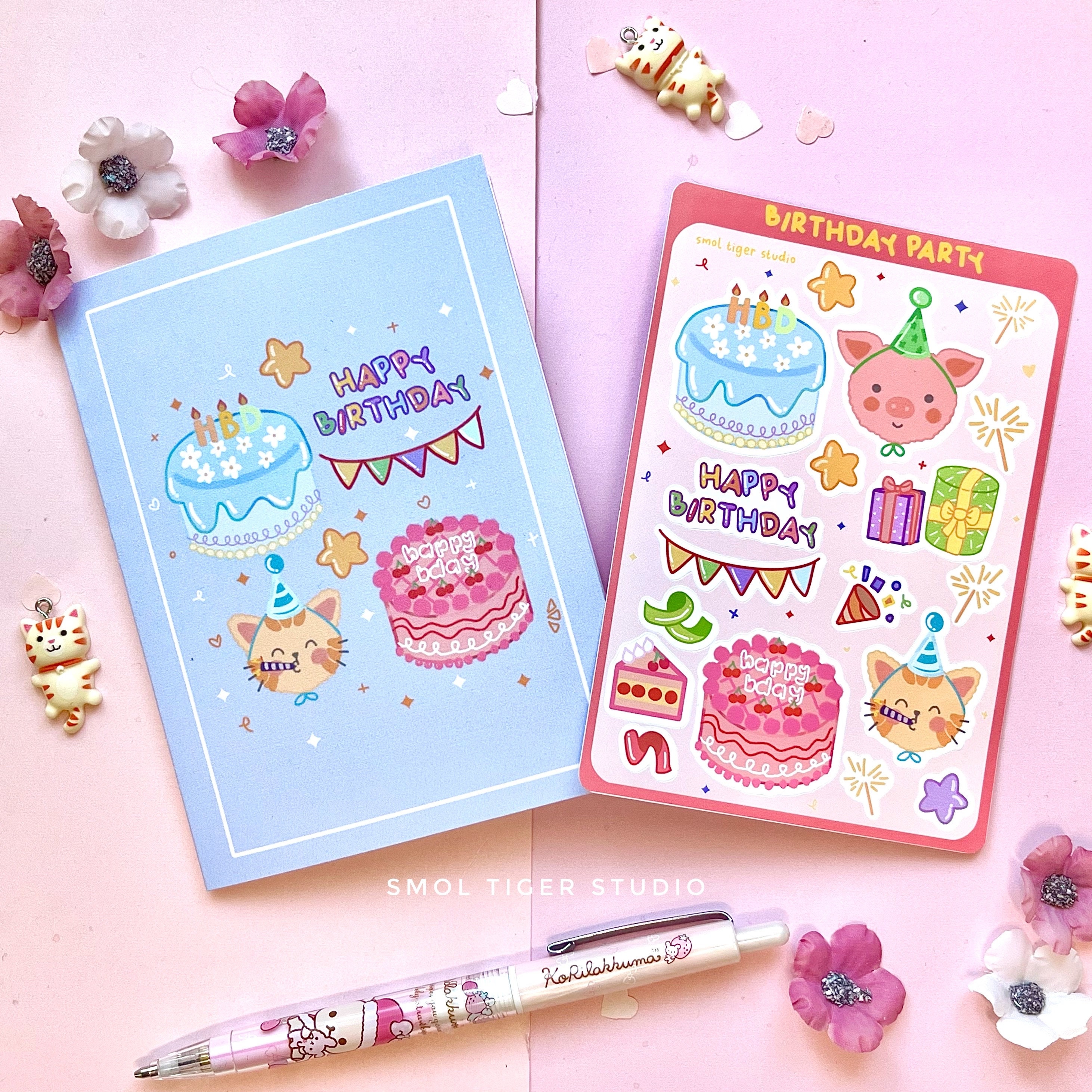 Happy Birthday Greeting Card and Kawaii Stickers Cute Sticker Sheet ...