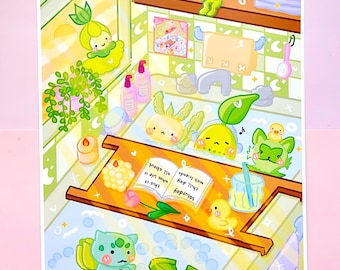 Grass Pocket Monster Art Print: Kawaii Anime Fanart (11x17 in) | Japanese Art Game | Wall Decor | Grass Starters Monsters | Cute Artprint