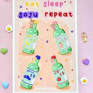 Cute Soju Art print | soju wall decoration | korean drink art stickers | soju stickers | aesthetic beverage art | cute animal art print