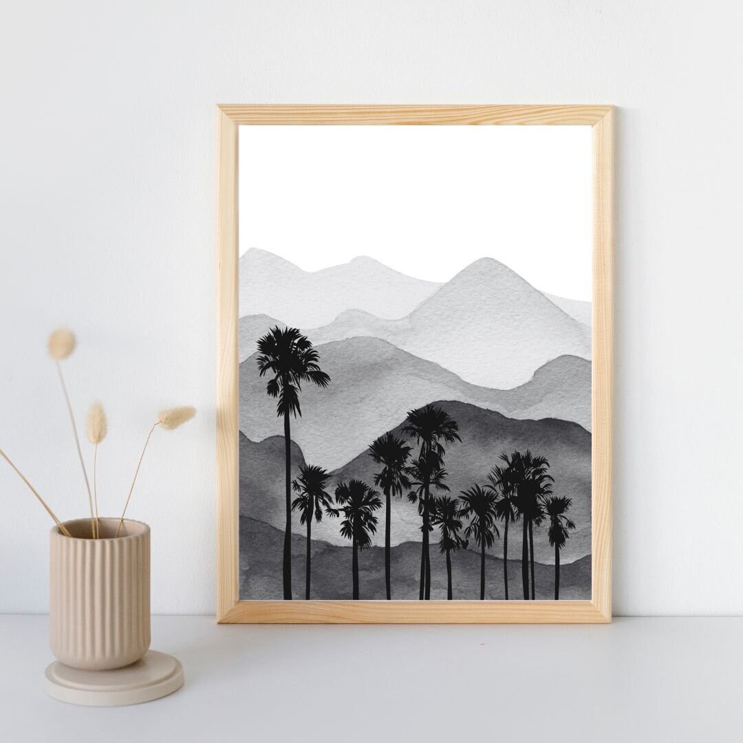Neutral Landscape Wall Art Mountain Art Painting, Watercolor Mountain Print, Midcentury Modern