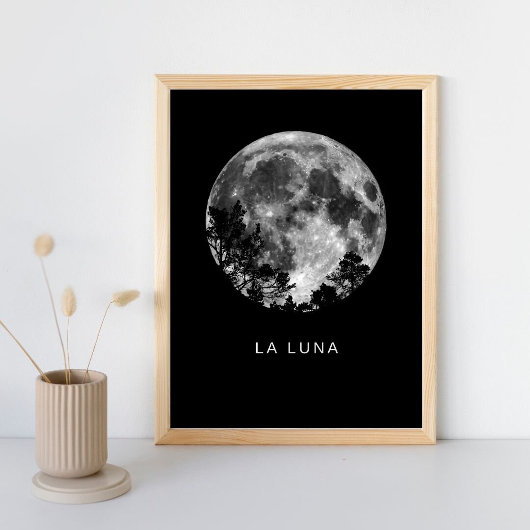 Lunar Moon Print, Full Moon Wall Art, Digital Download, La Luna Moon