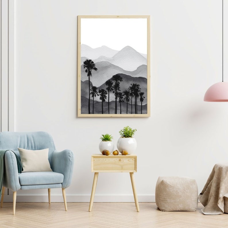 Neutral Landscape Wall Art Mountain Art Painting, Watercolor Mountain Print, Midcentury Modern