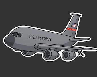 May include: A gray cartoon illustration of a U.S. Air Force airplane with the text "U.S. AIR FORCE" on the side. The tail features the American flag and the word "GRISSOM". The plane has four engines and a white outline.