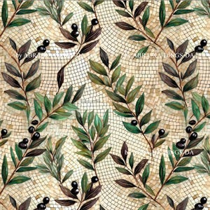 patrón sin costuras - mosaico griego - aceitunas y hojas